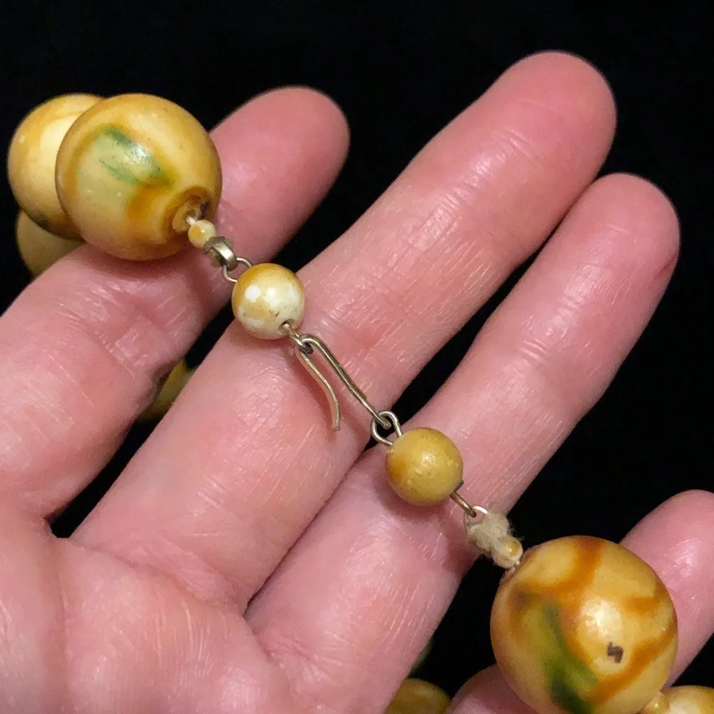 Vintage Kid’s Yellow-Tan and Green Wooden Beaded Necklace
